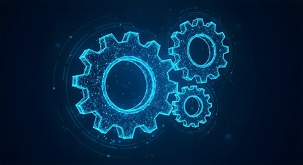 Interlocking digital gears glowing with blue light. Symbolizes teamwork, process, mechanics, technology, engineering, and system integration.