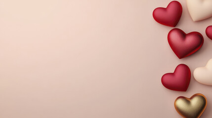 Red heart shape with gold and cream hearts on soft pink background for love