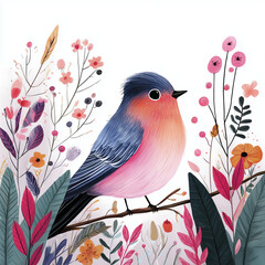 Colorful bird perched among vibrant flowers and leaves in nature  