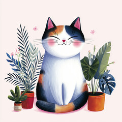 Cute calico cat sitting among potted plants with a cheerful expression  