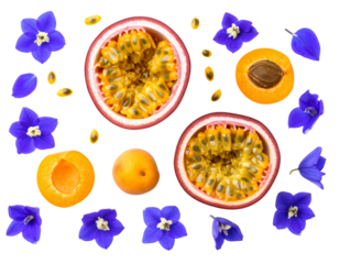 Halved passion fruit and whole apricot with scattered larkspur petals isolated on transparent background PNG