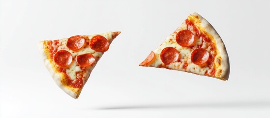 Two appetizing slices of pepperoni pizza floating against a clean white backdrop