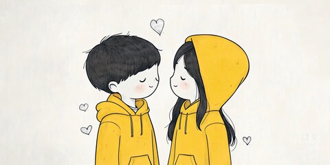 Cute couple in matching yellow hoodies standing face to face with hearts around them