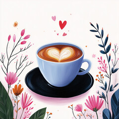 Coffee cup with heart latte art surrounded by colorful flowers  