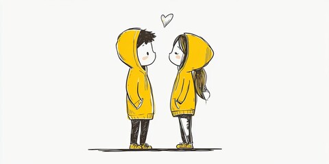 Simple illustration of a young couple in love wearing yellow hoodies with heart details