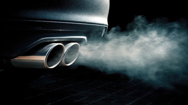Close-up of a twin exhaust system emitting heavy fumes during engine rev