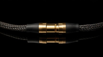 Close-up of gold-plated headphone jack with braided cable on a reflective black background