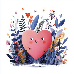 Cartoon heart character smiling among colorful flowers and plants  