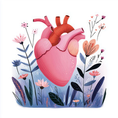 Illustrated heart surrounded by colorful flowers in a whimsical style  