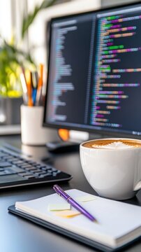 Data scientist's work desk setup with dual screens showcasing real-time analytics and Python code next to a cappuccino. Data scientist
