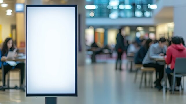 Blank vertical digital sign in modern public space with people studying in background