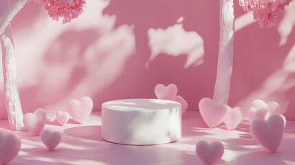 White podium with pink heart shaped shadows and flowers on pink background