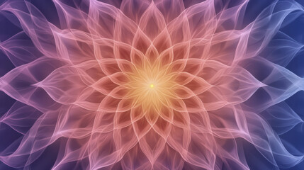 Glowing mandala with vibrant pink and blue petals radiating from warm central light