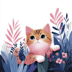 Cute striped kitten peeking through colorful foliage and flowers  