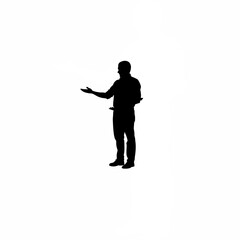 Silhouette of man standing with open palms in calm conversation pose on white background