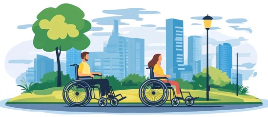 Illustration depicting inclusive urban park with wheelchair users amidst cityscape