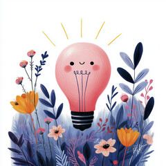 Cartoon light bulb smiling surrounded by colorful flowers and plants  