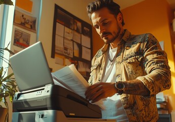 A man in a casual jacket stands by a printer, reviewing printed documents in a warmly lit room with a bulletin board in the background.