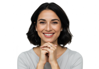 Smiling woman with hands clasped and ring isolated on transparent background
