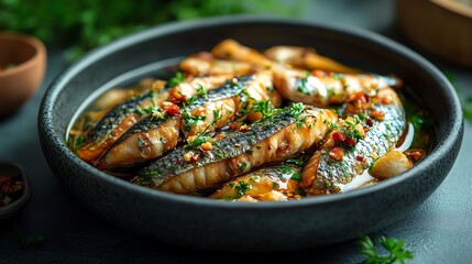 A bowl of cooked fish fillets garnished with herbs and chili, served in a flavorful sauce.