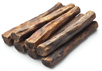 A stack of dried, rough brown sticks arranged in a pile on a white background.