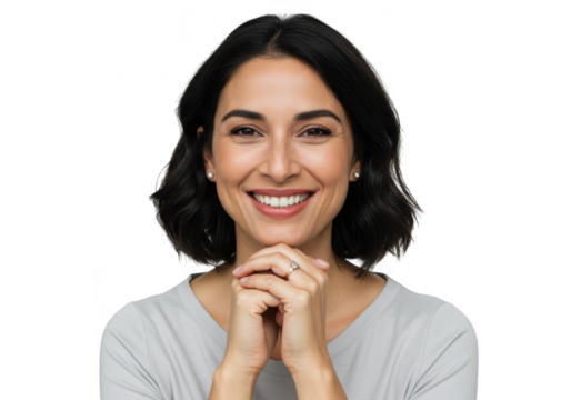 Smiling woman with hands clasped and ring isolated on transparent background