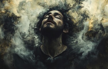 A bearded man with closed eyes is enveloped in swirling smoke, evoking a sense of mystery, introspection, and ethereal atmosphere.