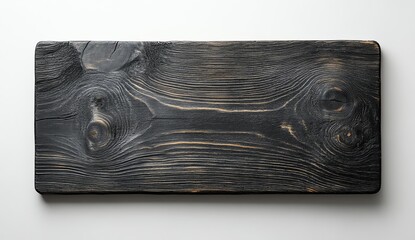 A rectangular wooden cutting board with a dark, charred finish showcasing visible wood grain patterns and knots.