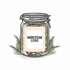 Glass Storage Jar Labeled Homestead Core with Herbs and Natural Decor for Eco-Friendly Blogs, Sustainable Living Websites, and Herbalism Education  