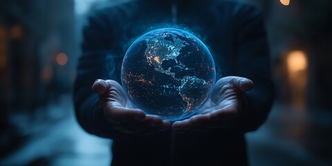 A person holds a glowing digital Earth, symbolizing global connection and technology in a dark, futuristic setting.