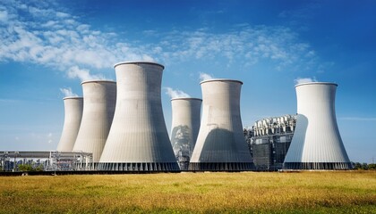 Fototapeta premium large industrial cooling towers against a blue sky industrial infrastructure energy production power plant cooling system industry engineering
