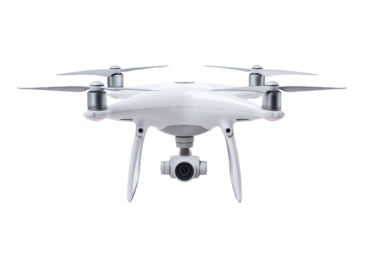 White professional drone with camera isolated on PNG background studio shot, drone, aerial, camera, photography, white, technology, isolated, black background, studio shot, unmanned, vehicle, quadco