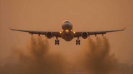 Plane taking off through hazy atmosphere with wingtip contrails starting to form