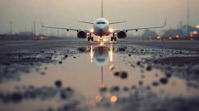 Plane taking off on cloudy day with reflection on water puddle beside runway