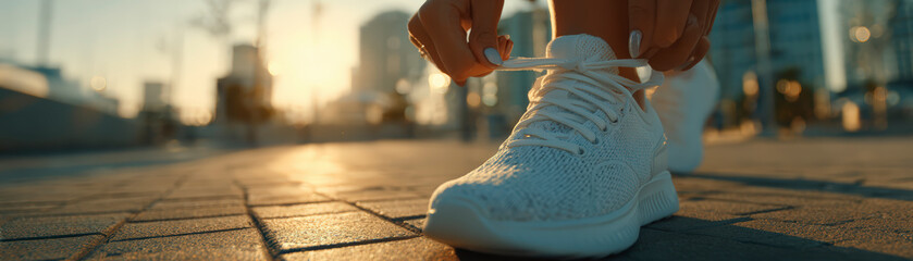 A person tying laces on white sneakers before a run in a city at sunrise, highlighting a new beginning or fitness commitment.