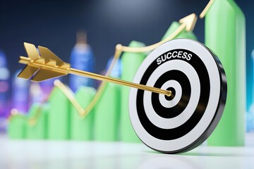 Golden arrow hitting success target bullseye with growth chart background 3D render business goal achievement concept marketing strategy