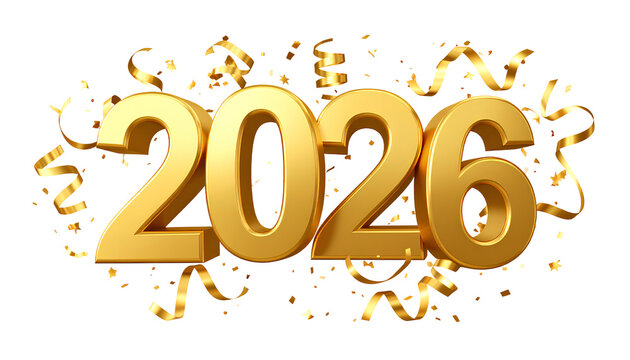 Golden 2026 with Glittering Confetti and Ribbon Streamers, Happy New Year Theme, Transparent Background