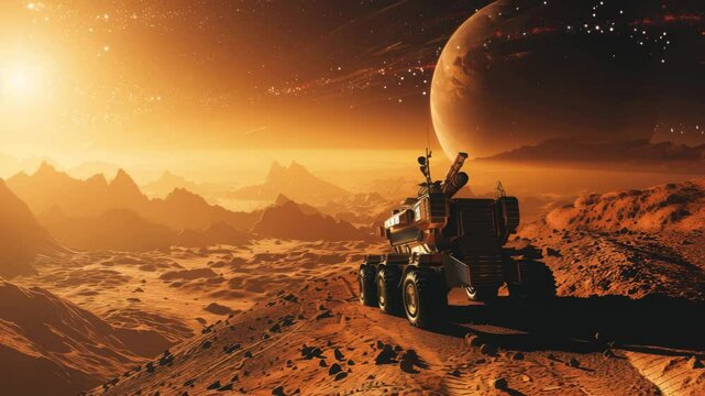 Futuristic Six-Wheeled Rover Exploring Alien Terrain at Night with Large Planet Horizon in 4K