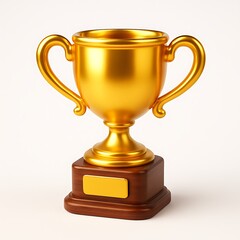 Shiny golden trophy cup with wooden base and blank gold plate isolated on white background