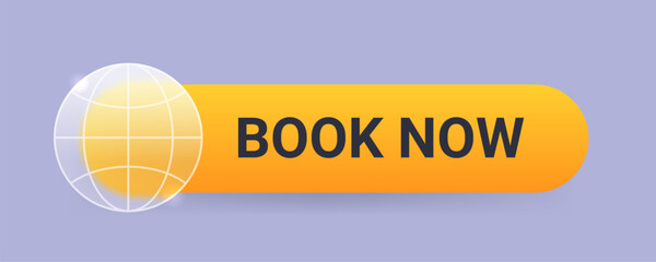 Glass morphism book now yellow label. Vector web sign illustration
