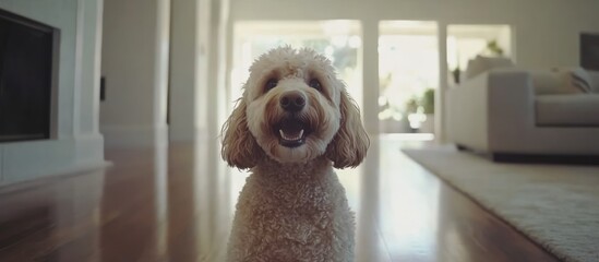 Charming Goldendoodle Dog in a Bright, Airy Living Room with Hardwood Flooring