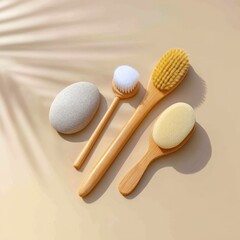 Organic skin treatment tools displayed aesthetically on a smooth surface natural light product photography