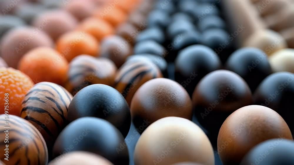 Poster colorful spheres array: dynamic rows of textured balls in varied hues and patterns