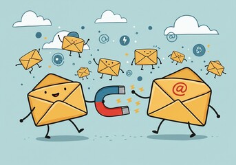 Cartoon Envelopes Attracted by a Magnet - Playful illustration depicting email marketing, lead generation, or customer acquisition in a digital context.