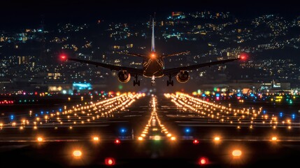 Obraz premium Wide view of an aircraft taking off with taxiway signs and lights in foreground