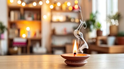 Close-up of a softly glowing incense ember surrounded by delicate smoke in a dark, quiet setting