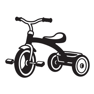 Classic black and white illustration of a child's tricycle isolated on white background
