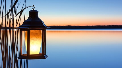 A gentle paper lantern glowing softly, cradled by tall reeds along a tranquil riverbank at dusk