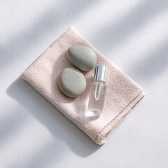 Elegant glass serum bottles with smooth stones on soft towel minimalistic style bright natural light zen aesthetic