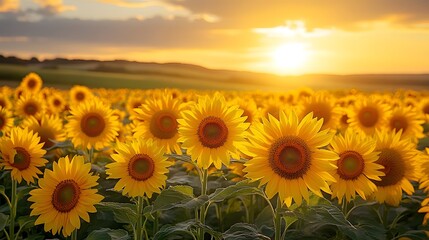 Obraz premium A glowing field of sunflowers illuminated by the warm hues of a setting sun, creating a serene and delightful summer atmosphere